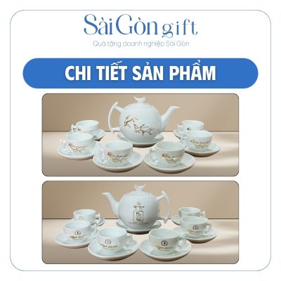 Bộ ấm chén sứ trắng in logo