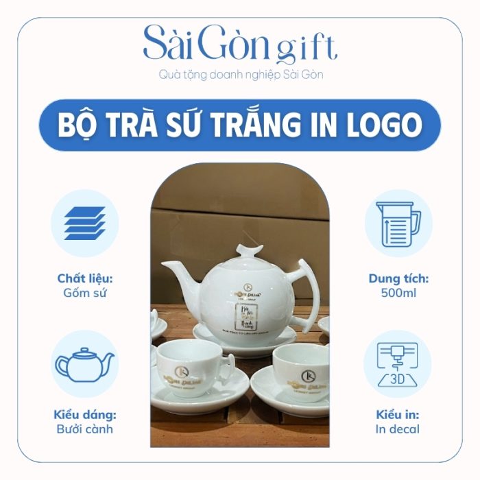 Bộ ấm chén sứ trắng in logo