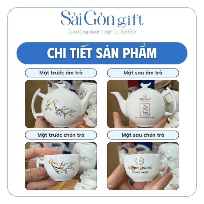 Bộ ấm chén sứ trắng in logo