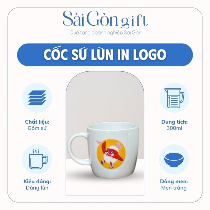 Đặc điểm Cốc sứ trắng dáng lùn in logo quà tặng