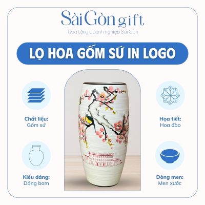 Lọ hoa men xước họa tiết hoa đào in logo quà tặng