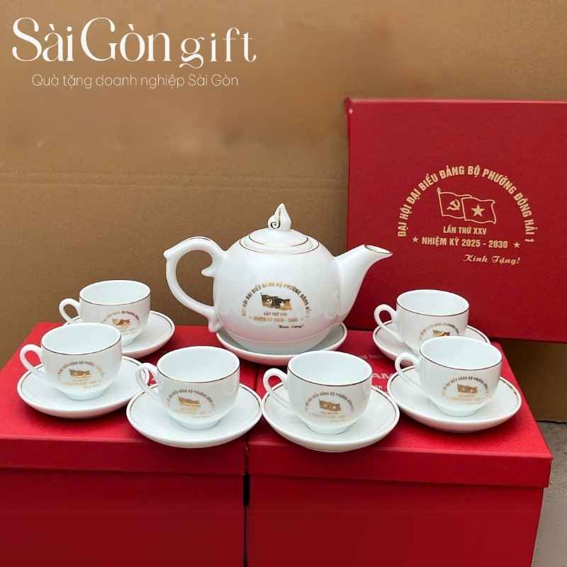 Bộ trà sứ trắng in logo quà tặng Đại hội Đảng bộ