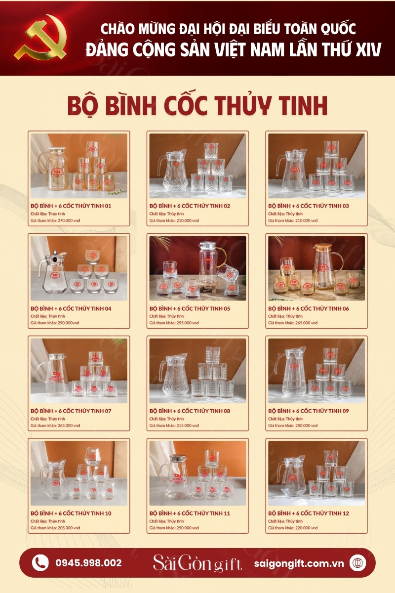 Bộ quà tặng bình cốc thủy tinh cho Đại hội Đảng