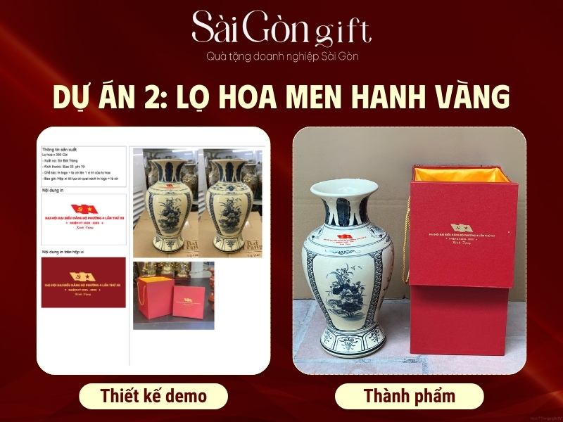Lọ hoa men hanh vàng vẽ tứ cảnh in logo