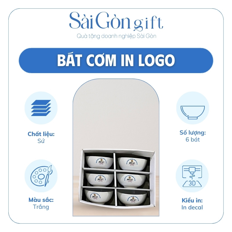đặc điểm Bộ 6 Bát Cơm In Logo Quà Tặng Đối Tác SG-BD08