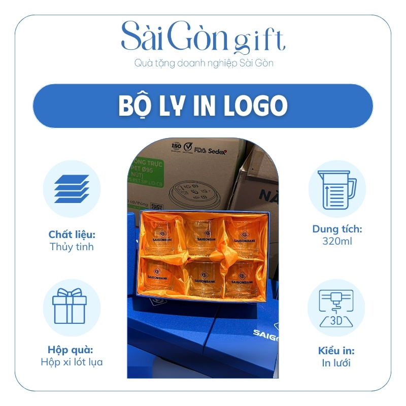 đặc điểm Bộ 6 Cốc Thủy Tinh In Logo Quà Tặng Ngành Ngân Hàng SG-BLN03