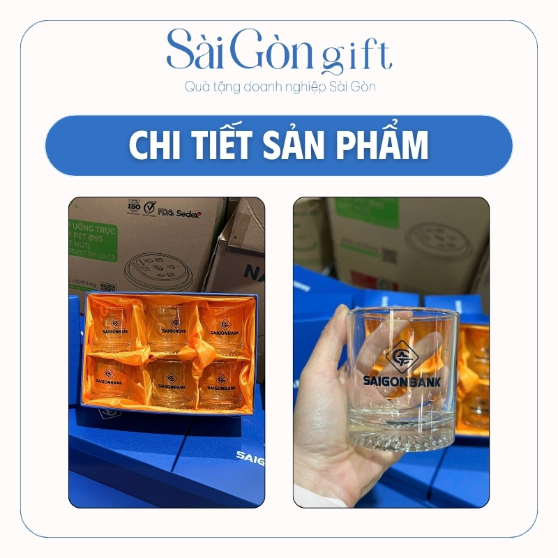 chi tiết Bộ 6 Cốc Thủy Tinh In Logo Quà Tặng Ngành Ngân Hàng SG-BLN03