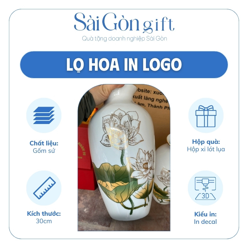 đặc điểm Lọ Hoa Cổ Rụt Hoa Sen Kẻ Miệng Vàng In Logo Quà Đại Hội SG-LH09