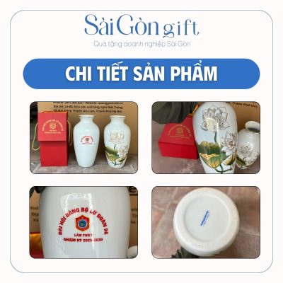 chi tiết Lọ Hoa Cổ Rụt Hoa Sen Kẻ Miệng Vàng In Logo Quà Đại Hội SG-LH09