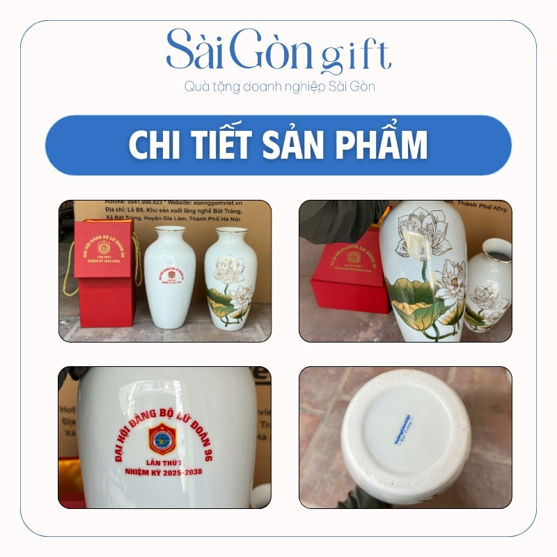 chi tiết Lọ Hoa Cổ Rụt Hoa Sen Kẻ Miệng Vàng In Logo Quà Đại Hội SG-LH09