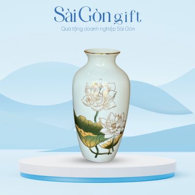 Lọ Hoa Cổ Rụt Hoa Sen Kẻ Miệng Vàng In Logo Quà Đại Hội SG-LH09
