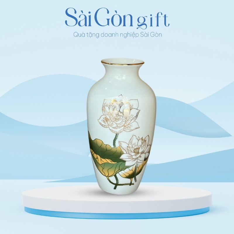 Lọ Hoa Cổ Rụt Hoa Sen Kẻ Miệng Vàng In Logo Quà Đại Hội SG-LH09