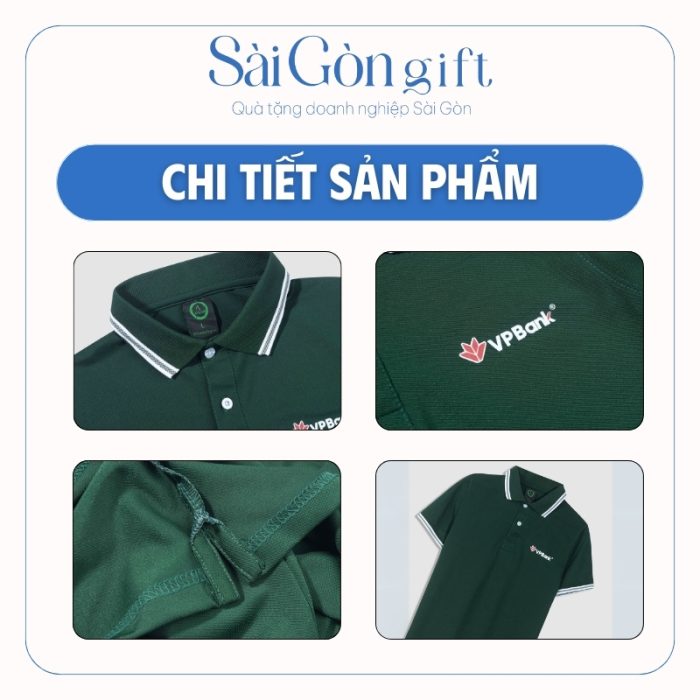 chi tiết Áo Thun Xanh Rêu Kẻ Trắng In Logo Quà Tặng Ngân Hàng SG-A04