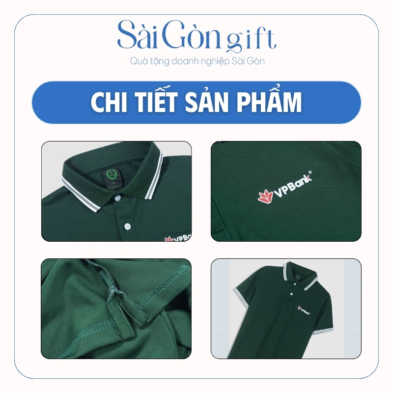 chi tiết Áo Thun Xanh Rêu Kẻ Trắng In Logo Quà Tặng Ngân Hàng SG-A04