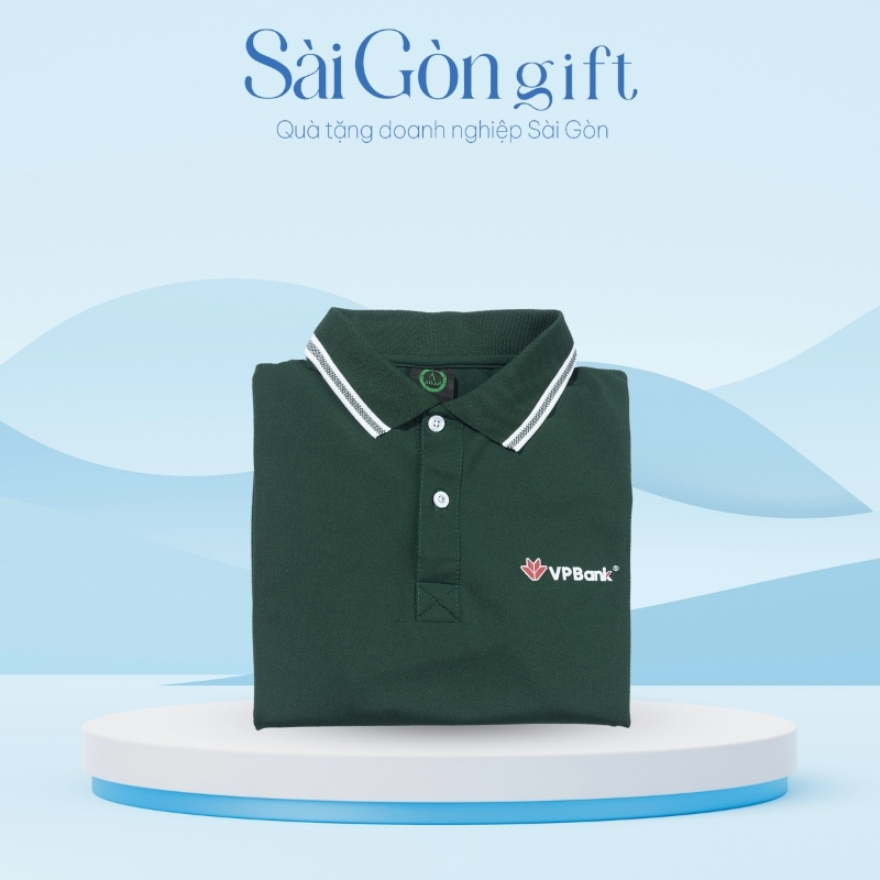 Áo Thun Xanh Rêu Kẻ Trắng In Logo Quà Tặng Ngân Hàng SG-A04