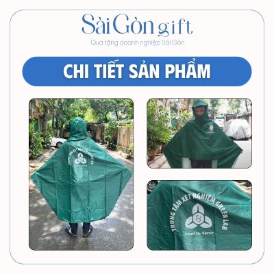 Mặt trước, mặt sau áo mưa và logo in lưới trên sản phẩm