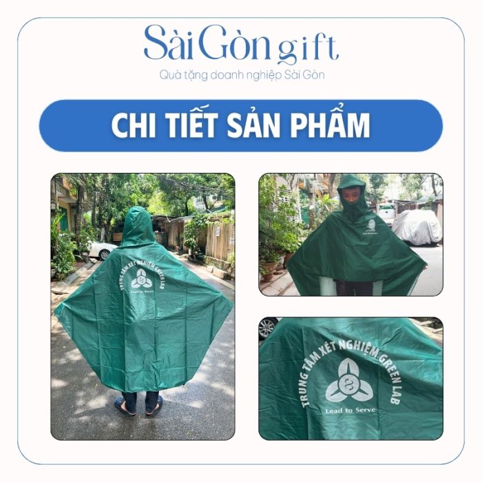 Mặt trước, mặt sau áo mưa và logo in lưới trên sản phẩm