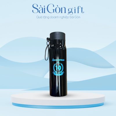 Bình giữ nhiệt nắp vặn màu đen có quai xách in logo quà tặng kỷ niệm SG-BGN22