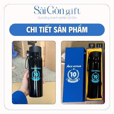 Bình giữ nhiệt nắp vặn màu đen có quai xách in logo quà tặng kỷ niệm SG-BGN22