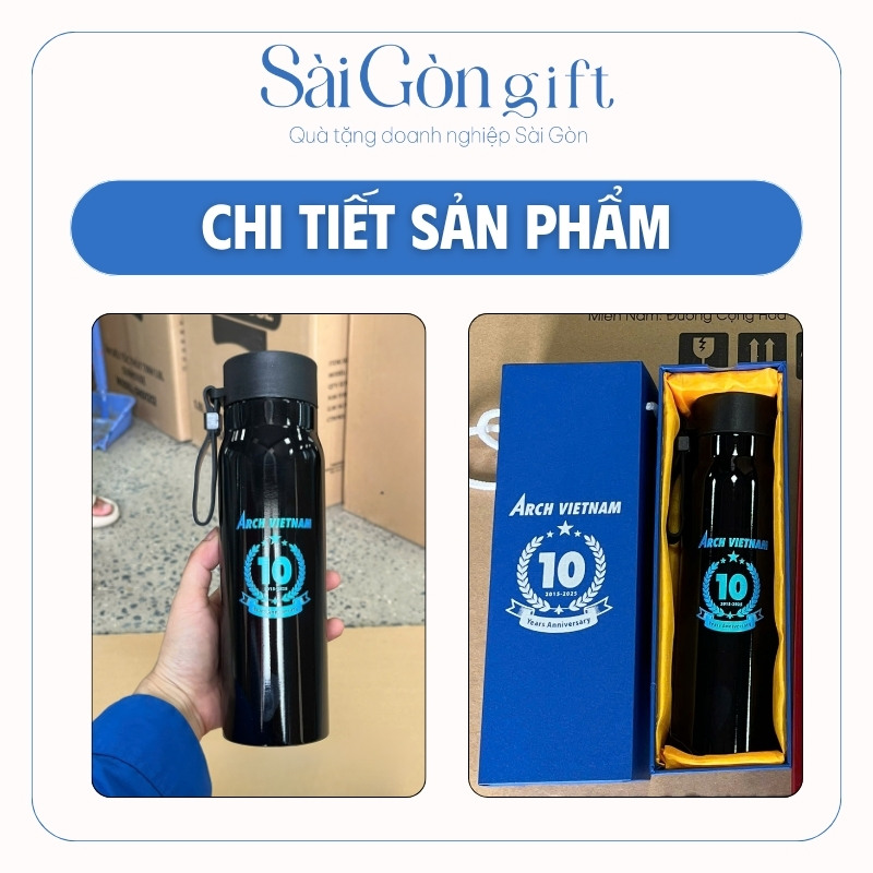 Bình giữ nhiệt nắp vặn màu đen có quai xách in logo quà tặng kỷ niệm SG-BGN22