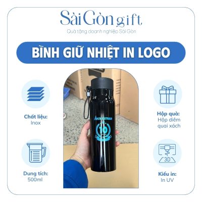 Bình giữ nhiệt nắp vặn màu đen có quai xách in logo quà tặng kỷ niệm SG-BGN22
