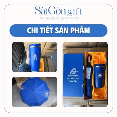 Chi tiết logo sắc nét in trên ly giữ nhiệt và dù gấp