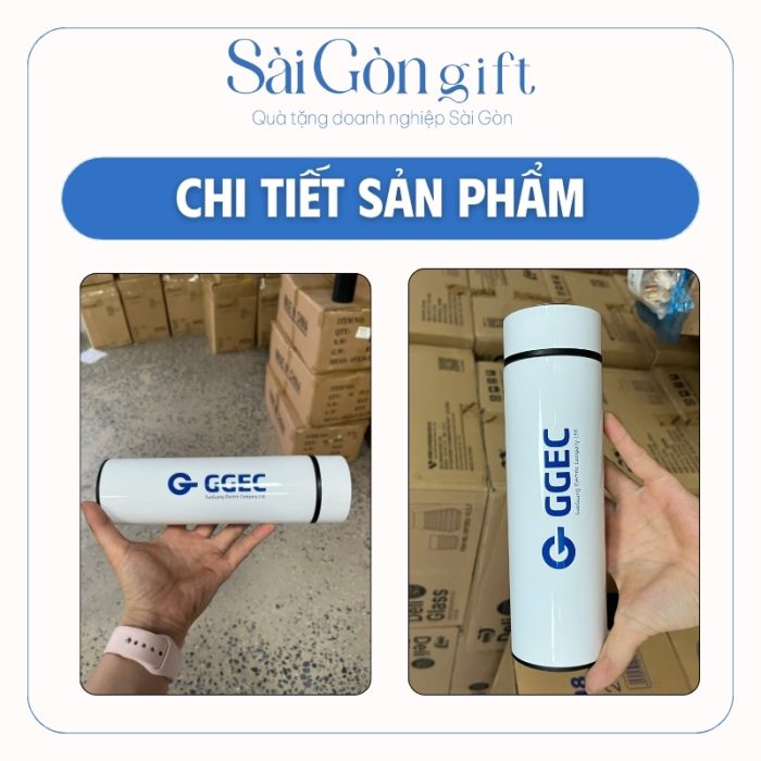 chi tiết Bình Giữ Nhiệt Sơn Bóng Màu Trắng In Logo Quà Tặng Nhân Viên SG-BGN21