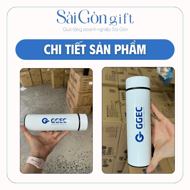 chi tiết Bình Giữ Nhiệt Sơn Bóng Màu Trắng In Logo Quà Tặng Nhân Viên SG-BGN21