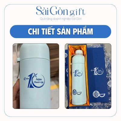 Hình ảnh rõ nét logo trên bình và hộp quà lót lụa kèm theo