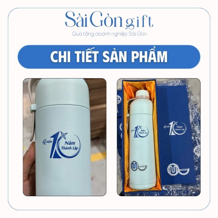 Hình ảnh rõ nét logo trên bình và hộp quà lót lụa kèm theo