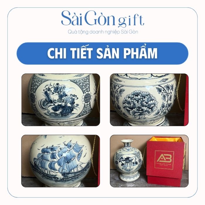 Hình ảnh rõ nét hoa văn trên thân bình kèm hộp quà lót lụa