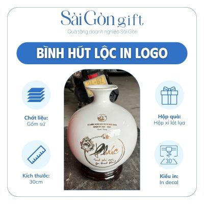 Bình Hút Lộc Vẽ Vàng Hoa Sen và Cá Chép Kèm Đế Gỗ In Logo Quà Tặng Đại Hội SG-BHL09