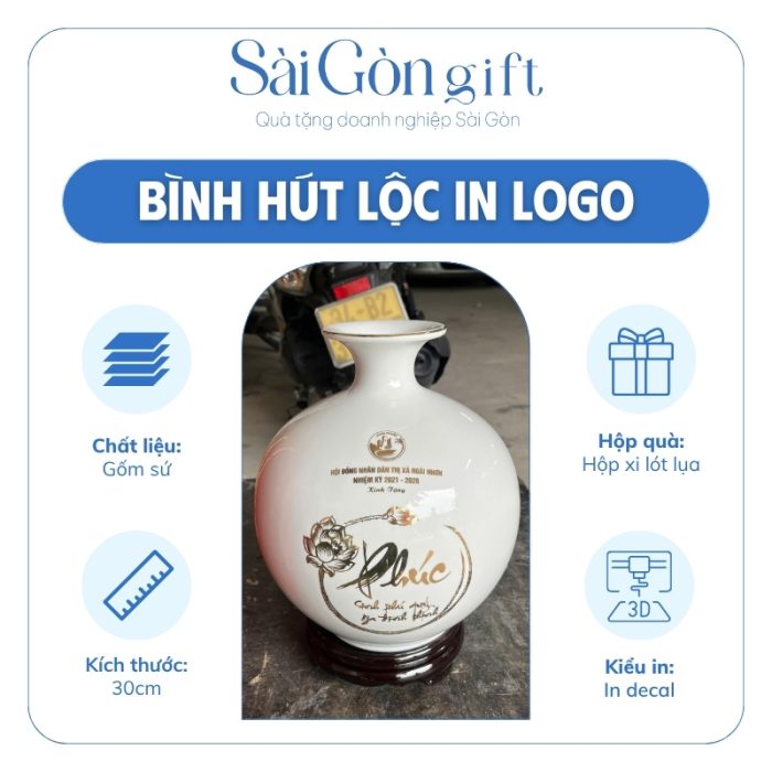 Bình Hút Lộc Vẽ Vàng Hoa Sen và Cá Chép Kèm Đế Gỗ In Logo Quà Tặng Đại Hội SG-BHL09