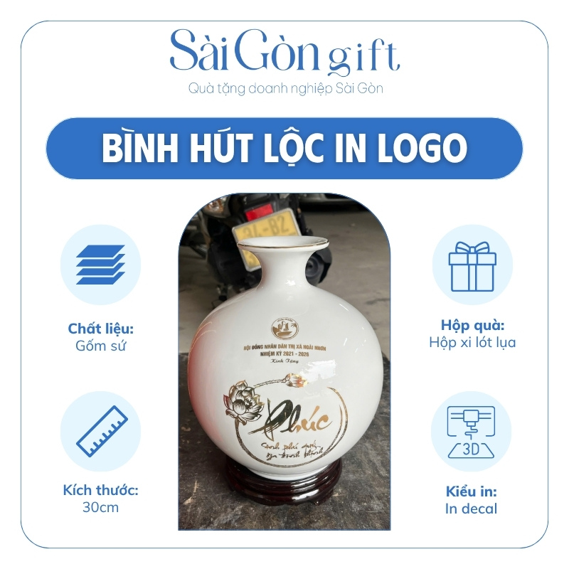 Bình Hút Lộc Vẽ Vàng Hoa Sen và Cá Chép Kèm Đế Gỗ In Logo Quà Tặng Đại Hội SG-BHL09