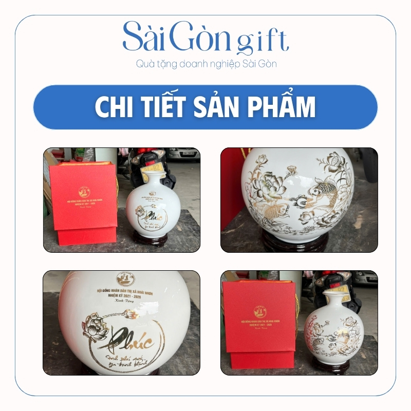 Bình Hút Lộc Vẽ Vàng Hoa Sen và Cá Chép Kèm Đế Gỗ In Logo Quà Tặng Đại Hội SG-BHL09