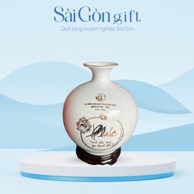 Bình Hút Lộc Vẽ Vàng Hoa Sen và Cá Chép Kèm Đế Gỗ In Logo Quà Tặng Đại Hội SG-BHL09