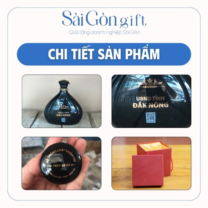 Chi tiết logo in trên mặt bình kèm hộp quà lót lụa cao cấp