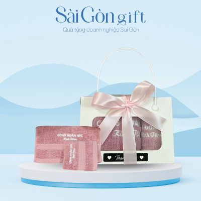 Set Khăn 2 Món Màu Hồng Thêu Logo Quà Tặng Công Đoàn SG-KB06