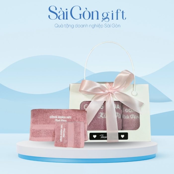 Set Khăn 2 Món Màu Hồng Thêu Logo Quà Tặng Công Đoàn SG-KB06