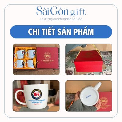 Hình ảnh logo in trên cốc và hộp quà lót lụa kèm theo