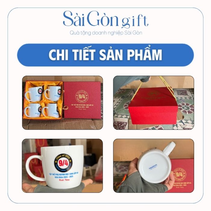 Hình ảnh logo in trên cốc và hộp quà lót lụa kèm theo