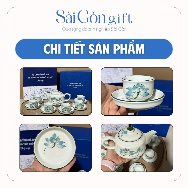 chi tiết Bộ Ấm Chén Vẽ Hoa Sen Xanh Dáng Vai Vuông In Logo Quà Tặng Kỷ Niệm SG-AC12