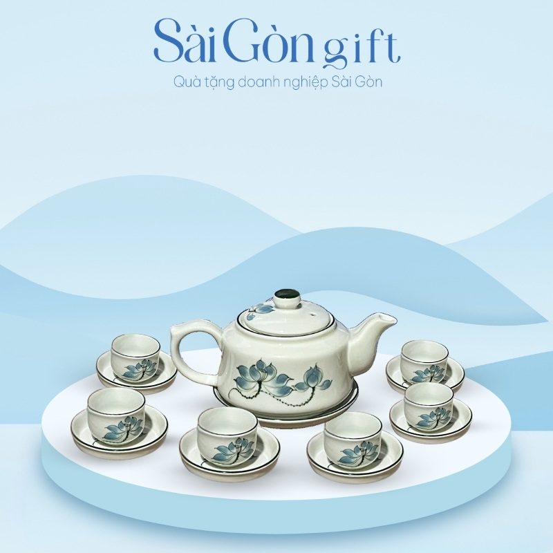 Bộ Ấm Chén Vẽ Hoa Sen Xanh Dáng Vai Vuông In Logo Quà Tặng Kỷ Niệm SG-AC12