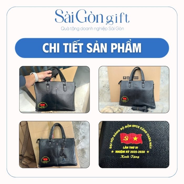 Hình ảnh thực tế bề mặt cặp da và logo in trên sản phẩm