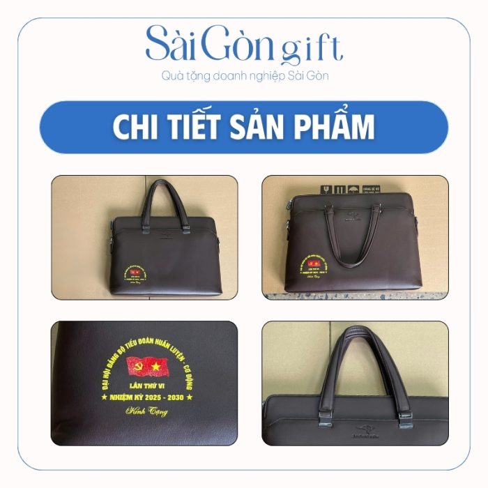 Hình ảnh thực tế bề mặt và logo in trên cặp da