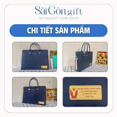 Hình ảnh thực tế các mặt bên cặp da và logo in sắc nét trên sản phẩm
