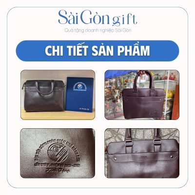 Hình ảnh rõ nét bề mặt cặp da và logo dập chìm trên bề mặt sản phẩm