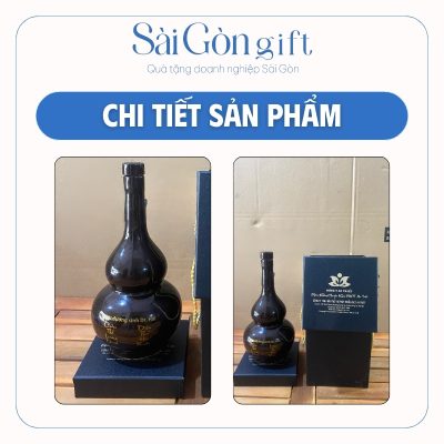 Hình ảnh hộp quà và logo in decal trên bề mặt chai rượu