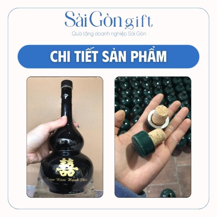 Hình ảnh hộp quà và logo in decal trên bề mặt chai rượu