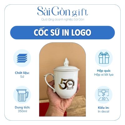 đặc điểm Cốc sứ nắp ngọn lửa kẻ chỉ vàng in logo quà tặng kỷ niệm SG-CS22